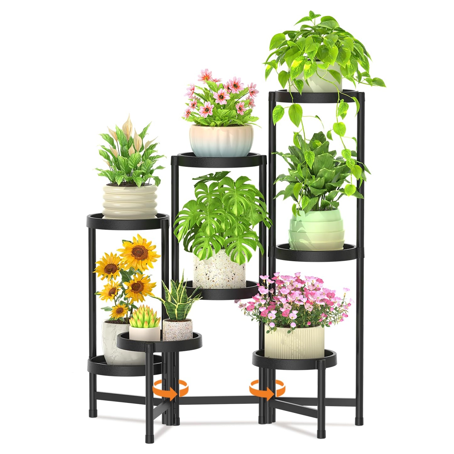 LASZOLA 8 Tiered Plant Stand Indoor Outdoor with Plastic Tray, Corner Folding Tall Flower Display Rack, Modern Plant Holder Shelf for Outdoor Patio Porch Garden Office Living Room, Black