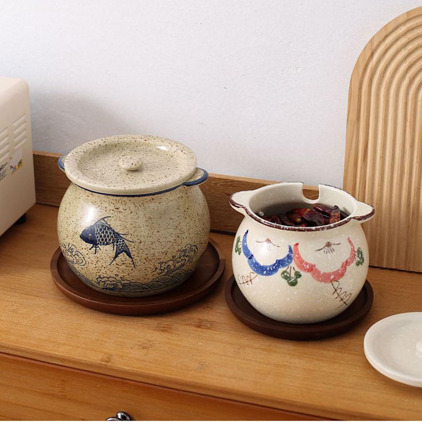 hengshukeji Sugar Bowl with Lid and Spoon,Vintage Ceramic Seasoning Jar, 10oz Stoneware Sugar Salt Holder, Glazed Condiment Container for Kitchen Counter (Carp)
