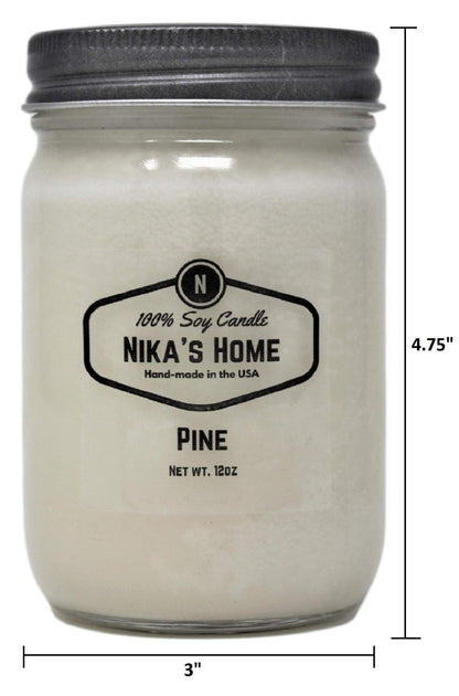 Nika's Home Pine Soy Candle - 12oz Mason Jar - Non-Toxic - Hand Poured in The USA, Long Burning 50-60 Hours Highly Scented All Natural, Clean Burning