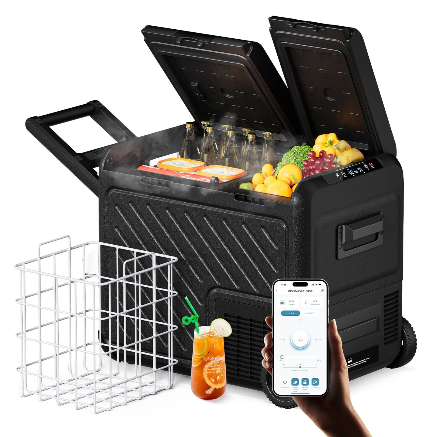 WOLFBOX 12V Car Refrigerator, 49 Quart Dual Zone Car Fridge, Portable Freezer(-8℉~68℉) with 12/24V DC 100/240V AC, APP Control Electric Cooler for Car, RV, Camping, Travel and Home Use