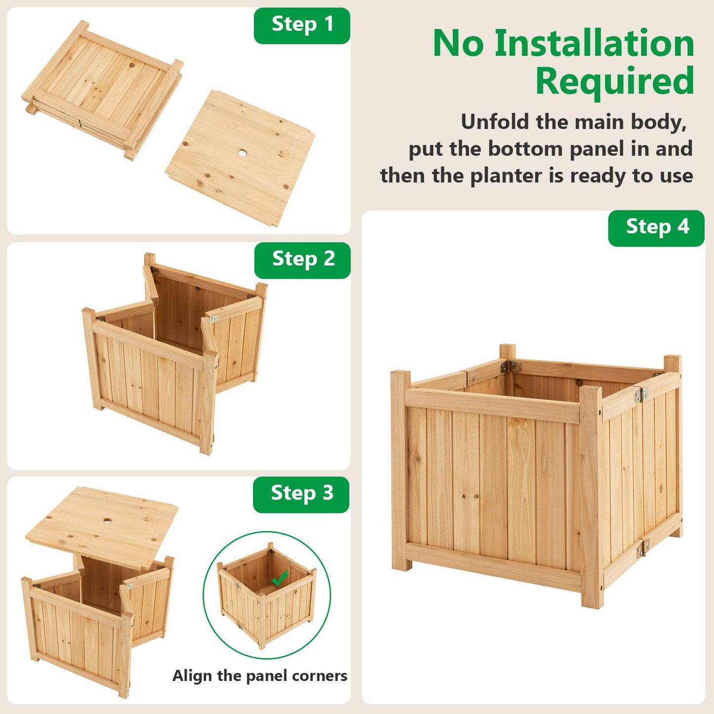Giantex 15” Planter Raised Garden Bed - Wooden Planting Box, Outdoor Folding Square Planter w/Removable Bottom, Premium Drainage System for Herbs, Fruits, Flowers, Succulents, Simple Assembly