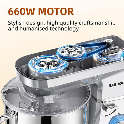 Babroun Dough Mixer 8.45 QT Electric Mixer - 660W 6 Speed Large Capacity Kitchen Stand Mixer with Whisk Dough Hook Mixing Beater Household Food Mixer for Baking Cakes Cookie Bread Salad(Silver)