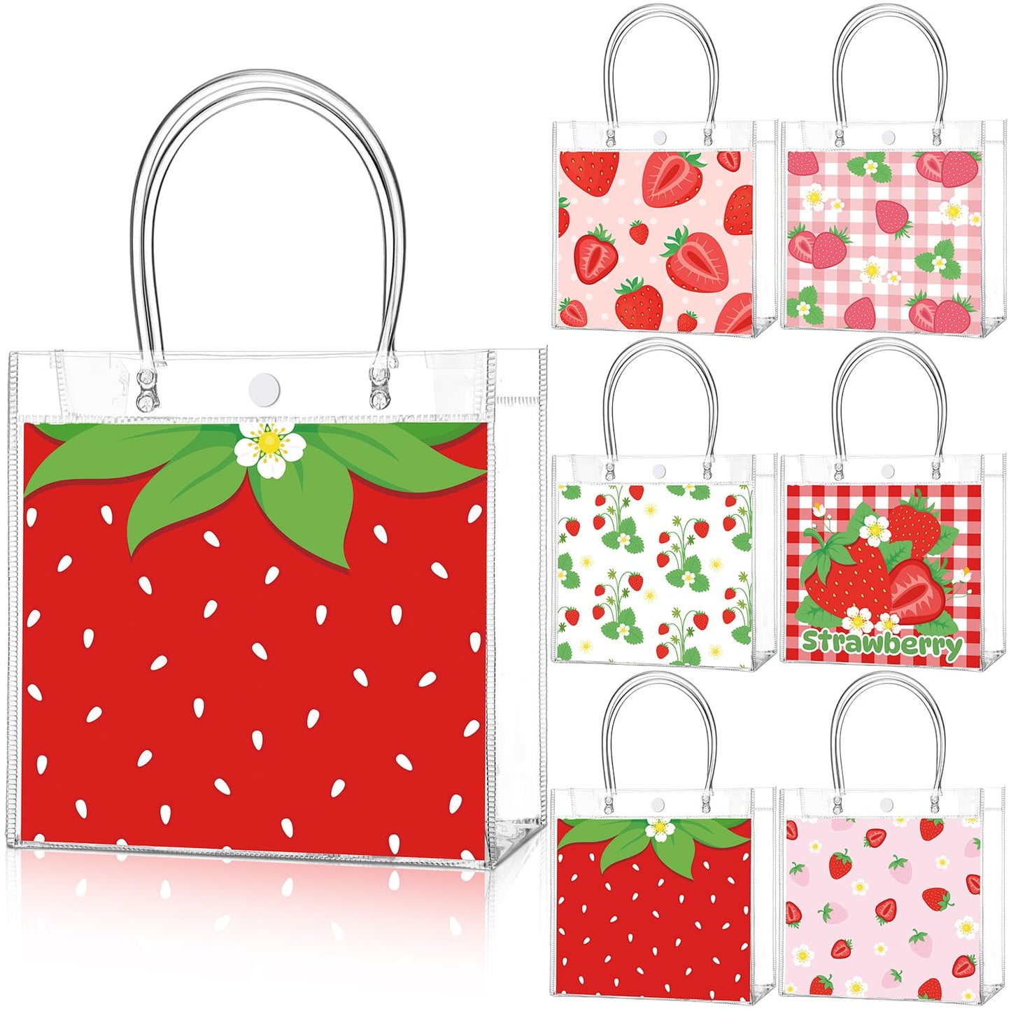 Teenyyou 24 Pcs Strawberry Party Favor Bags Clear PVC Goodie Treat Tote Gift Bags with Handles Strawberry Theme Birthday Party Supplies