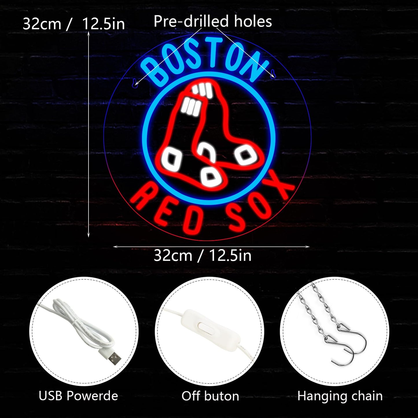 WonderfulLife Red Sox Neon Sign for Boston Baseball Team Logo,Led Neon Lights for Sports Man Cave Bar Office or Living Room Decor,Perfect Gifts for MLB Fans.