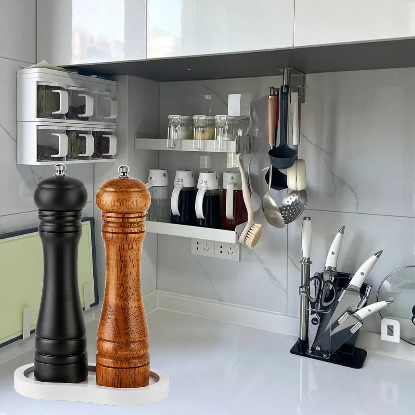 BINHAI Salt and Pepper Wood Mill Tray, White colour Pepper Grinder Rest, Work Surface and Dining Table Protector (Pepper mill not included)