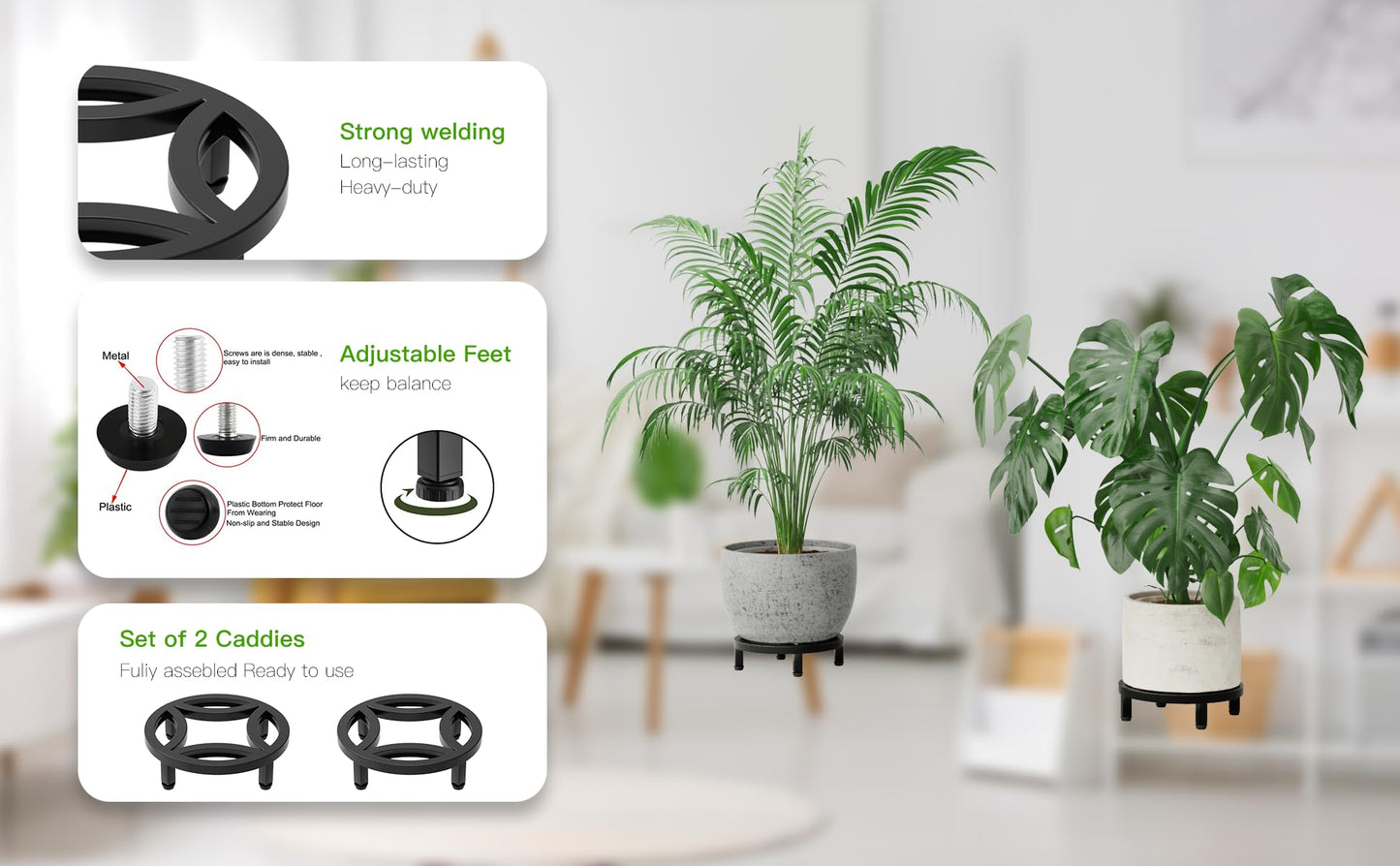 Zhongma 2 Pack 8.7" Fully Assembled Sturdy Potted Plant Stand Flower Pot Holder Heavy Duty Construction, Low Plant Stand for Home Indoor and Outdoor, Sturdy plant riser and saucer without Installation Required