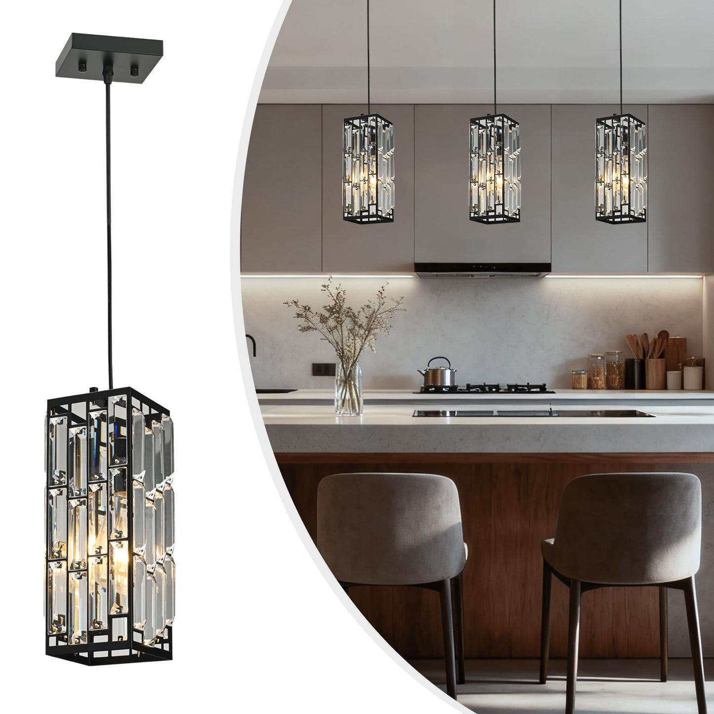 XLHYTF Black Hanging Kitchen Island Modern Concise Crystal Pendant Light Fixture, Adjustable Mini Crystal Pendant Lights Kitchen Island for Kitchen, Dining Room, and Bedroom (3 Pack)