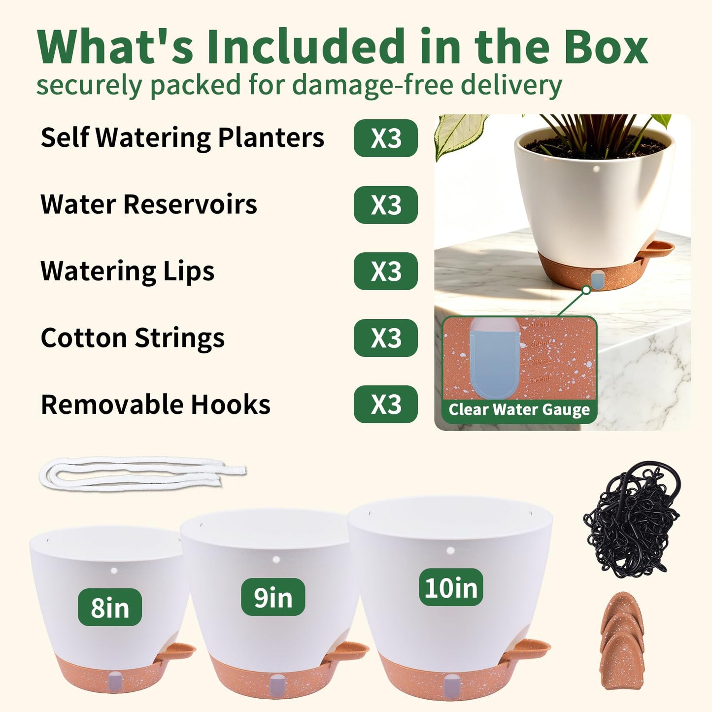 Heyfriday 3 Pack 8/9/10 Inch Hanging Self Watering Pots for Indoor/Outdoor Plants with Deep Reservoir,Drainage Holes,Water Level Indicator,Modern Decorative Flower Pots with Removable Hooks(White)