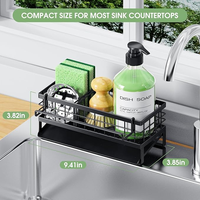 Self-Draining Kitchen Sink Caddy, Rustproof Non-Slip Metal Sponge Holder