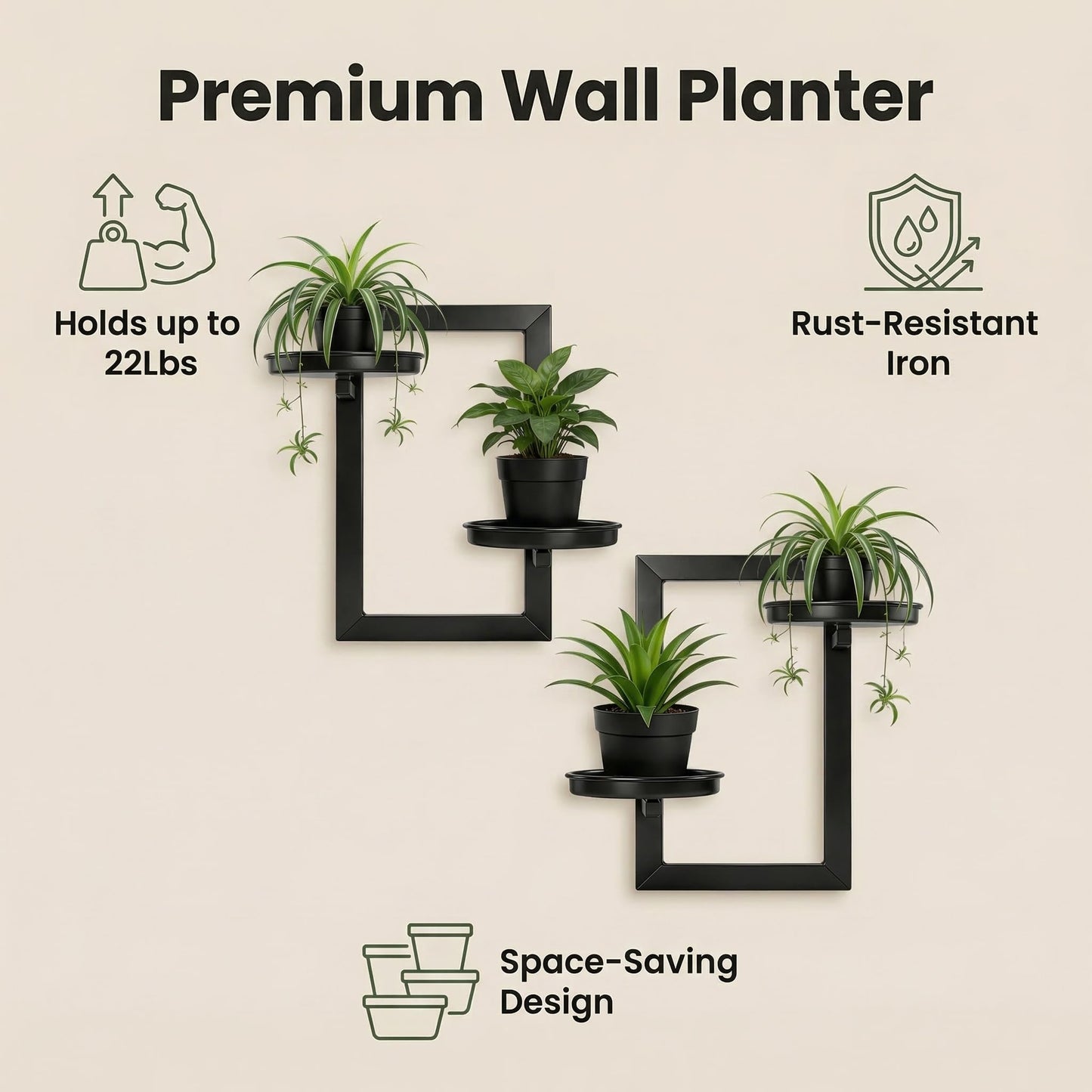 TECKED 4 Pack Wall Planters for Indoor Plants, Modern Style, Hanging Plant Holder, Window Plant Hanger, Black, Space Saving, Durable