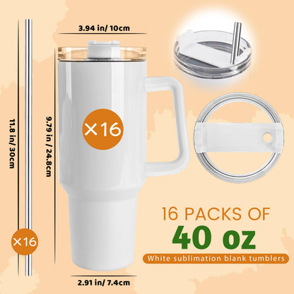 Joyclub 16 Pack 40 OZ Sublimation Tumblers with Handle Blank Insulated Large Tumbler Bulk, Coffee Travel Cups Stainless Steel Travel Mug for DIY Craft Heat Press Print