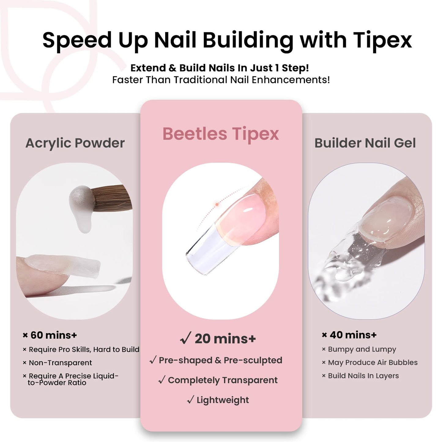 Beetles Tipex Instant Apex Nail Tips Kit, Coffin Long 224Pcs 16 Sizes Pre-Building & Pre-Etched Thicker Acrylic Nails False Nail Extension with Tipex Nail Glue Mini Nail Lamp