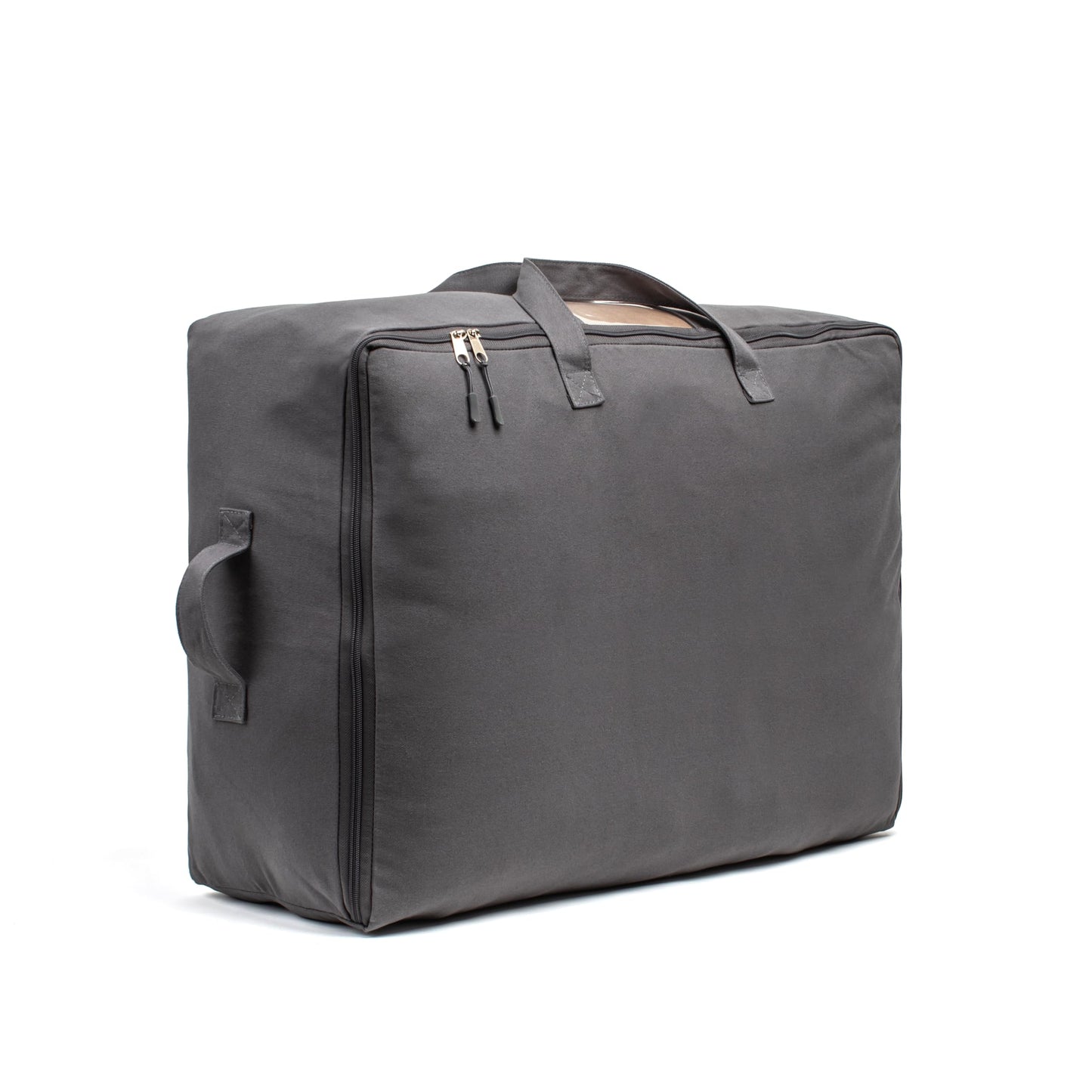 Soft Canvas Storage Bags with Zipper. Thick Breathable, 1pc King/Queen Comforter Organizer. Four Carrying Handles and Window. Large 25x19x9in Bag for Sheets Blankets Bedding Pillows, Clothes (Grey)