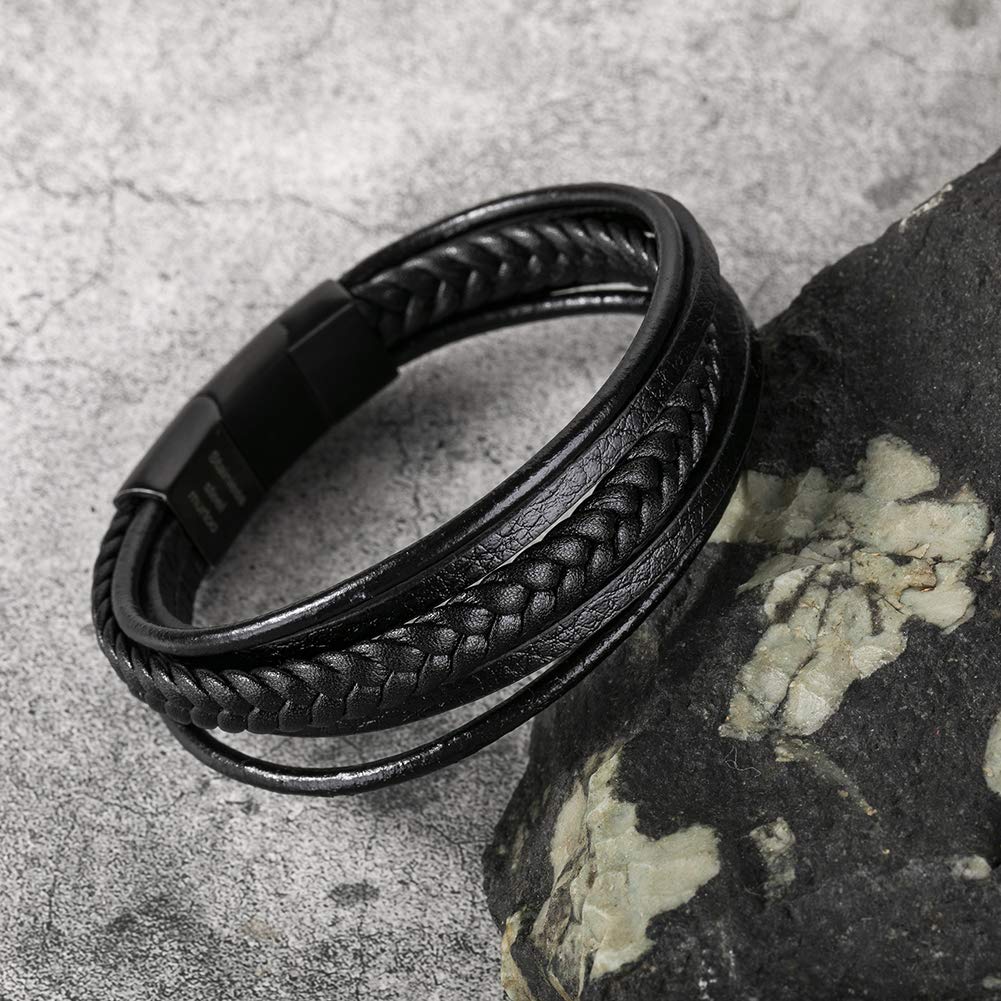Murtoo Mens Unisex Cuff Bracelet - Black Leather Multi-Layer Magnetic Clasp Rope Wristband (Black, 7.5'')