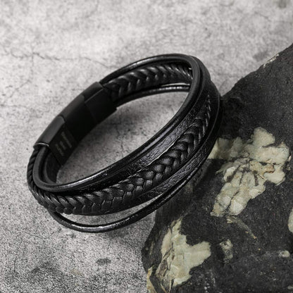 murtoo Bracelet for Man Cowhide Genuine Leather Women Unisex Cuff Wrap Bracelet Brown Black Multi-Layer Magnetic Clasp Rope Wristband (Black, 8.7'')