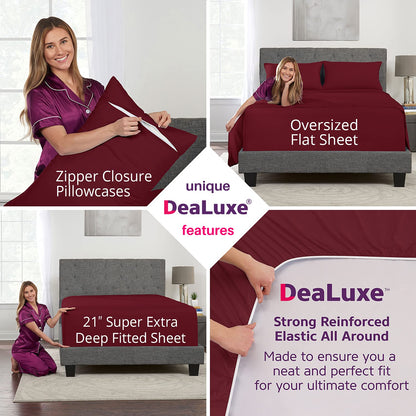 Deep Pocket King Size Sheets – 21” Extra Deep Pocket King Size Sheets – [4 Piece Set] King Bed Sheets Oversize Flat Sheet, Fitted Sheet, 2 Zippered Pillowcases 18”–23” Deep King Sheets – Burgundy