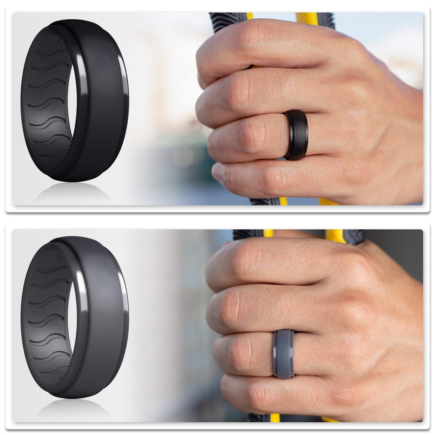 Dookeh Breathable Mens Silicone Wedding Rings, Rubber Ring Bands For Men, Black Blue Camo Engagement Band, Best for Workout, 1-4-7 Pack (W3-Titanium,Dark Gray,Cast Iron,Black, 10)