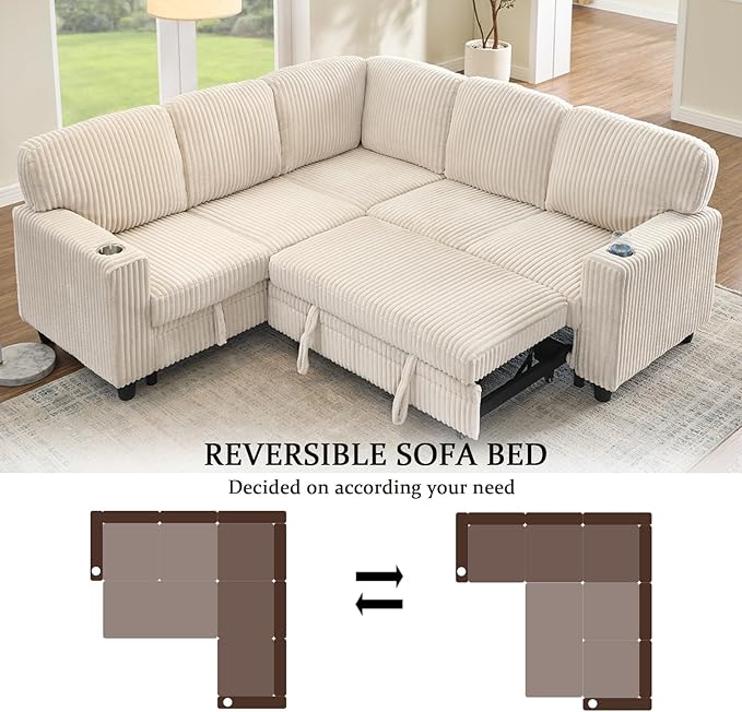 L-Shaped Sectional Couch with Storage and Pull Out Bed, Convertible Sofa Bed