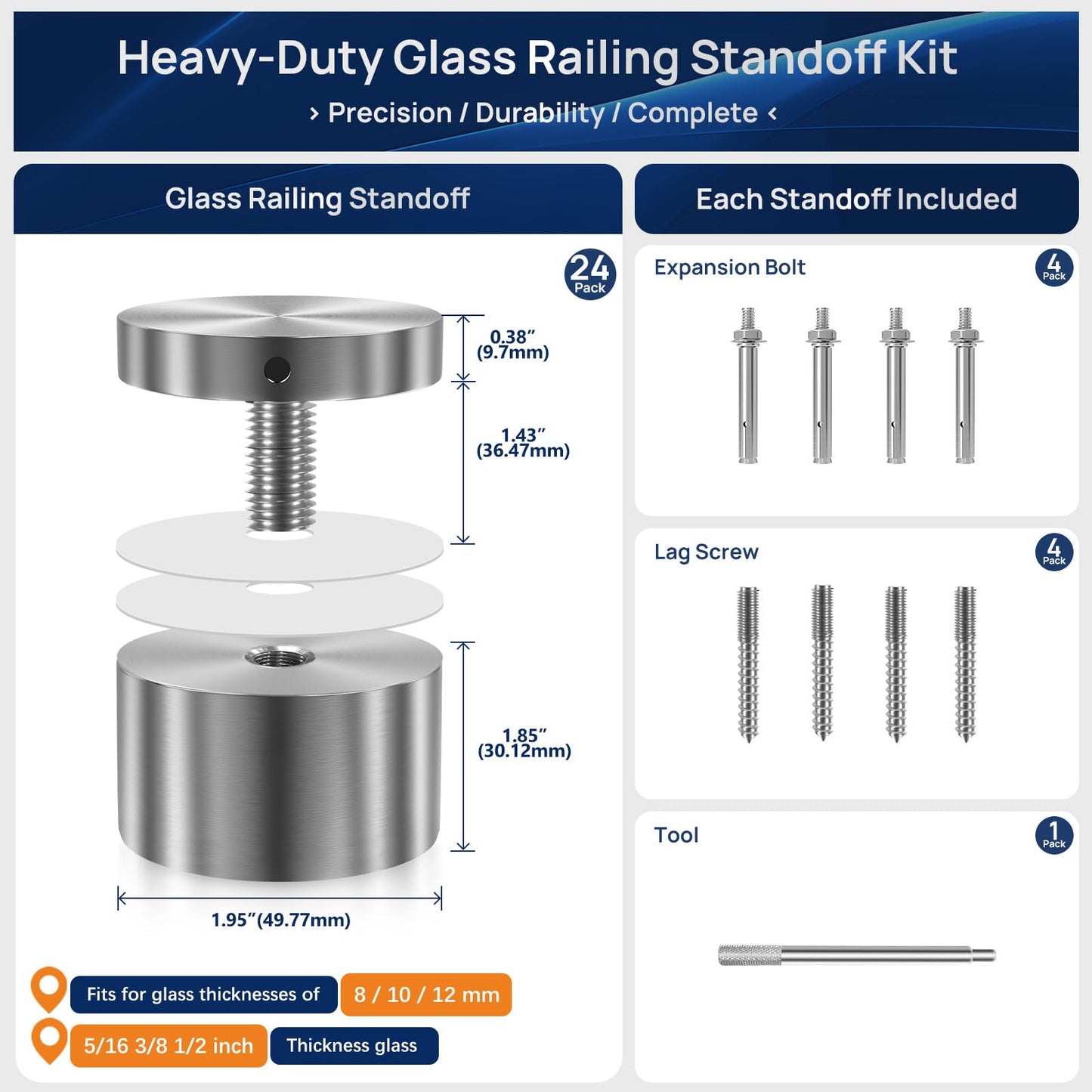 24 Pack LukLoy SS316 Solid 1.32lb Heavy Duty Glass Railing Standoff Hardware for Balcony Stair Balustrade, 2" Stair Glass Railing Standoffs Pins (Marine Grade)