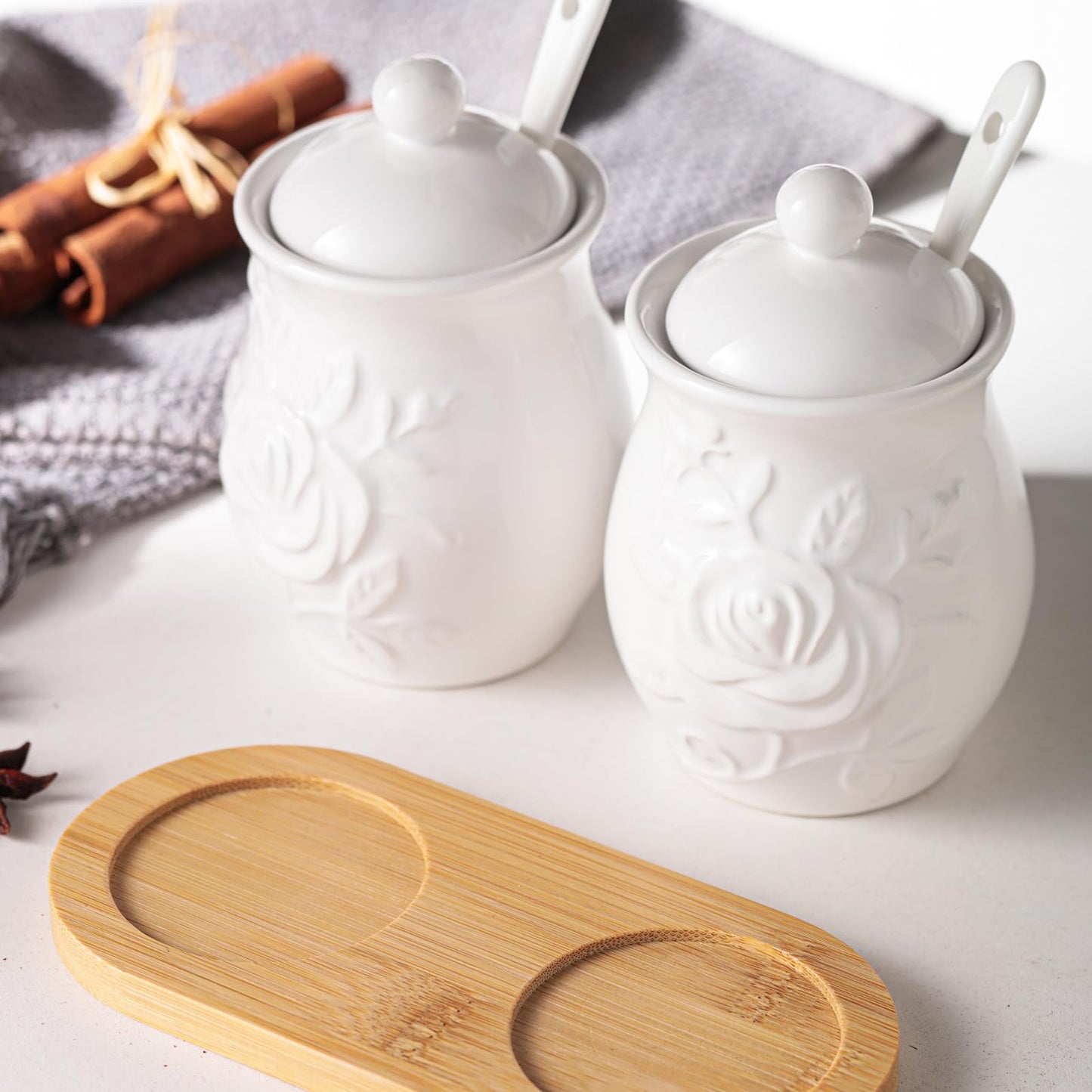 Seasonsplan Hand Drawn Relief ceramics Ceramic Sugar Bowl 2 Pack, PorcelainJar with Tray, Spoon and Lid for Sugar, Pepper, Coffee, Spice, Salt, 8 Ounces (White Relief)