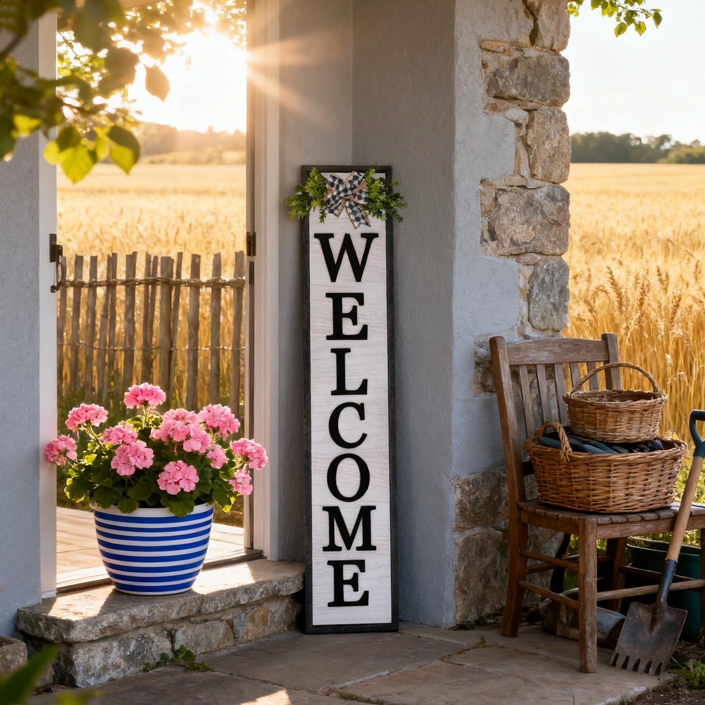 3D Outdoor Welcome Sign for Front Porch Standing 45"X9" Large Rustic Farmhouse Leaner Tall Vertical Soild Wooden Framed Plaque Modren Beautiful Outside Home Front Door Decorations (Black)