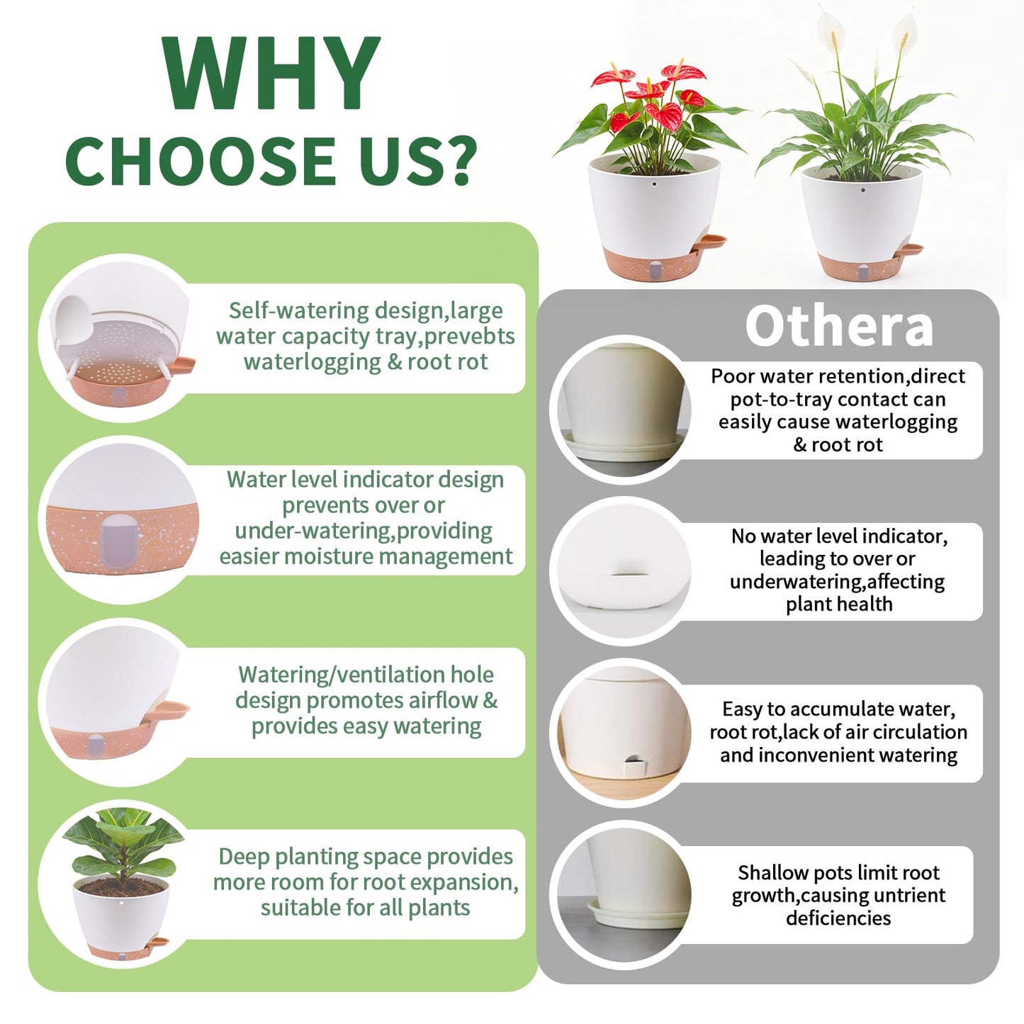 Heyfriday 3 Pack 8/9/10 Inch Hanging Self Watering Pots for Indoor/Outdoor Plants with Deep Reservoir,Drainage Holes,Water Level Indicator,Modern Decorative Flower Pots with Removable Hooks(White)