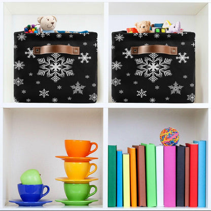 Winter Snowflake Black Storage Basket Fabric Kitchen Baskets Christmas Holiday Open Home Storage Bins Boxes Foldable Organizer Bag for Baby Cloth Xmas Baskets 16×12×8 Inches