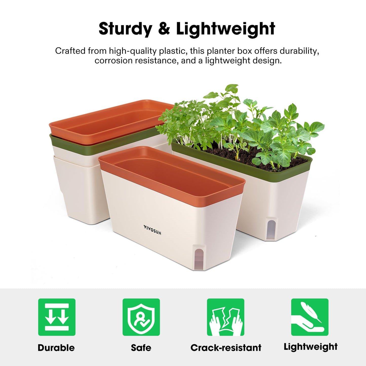 VIVOSUN Self-Watering Planters, 4-Pack 10.5 Inch Compact Rectangular Window Herb Planter Box with 10 PCS Plant Labels, Plant Container for Basil, Flowers, Succulents, Indoor & Outdoor