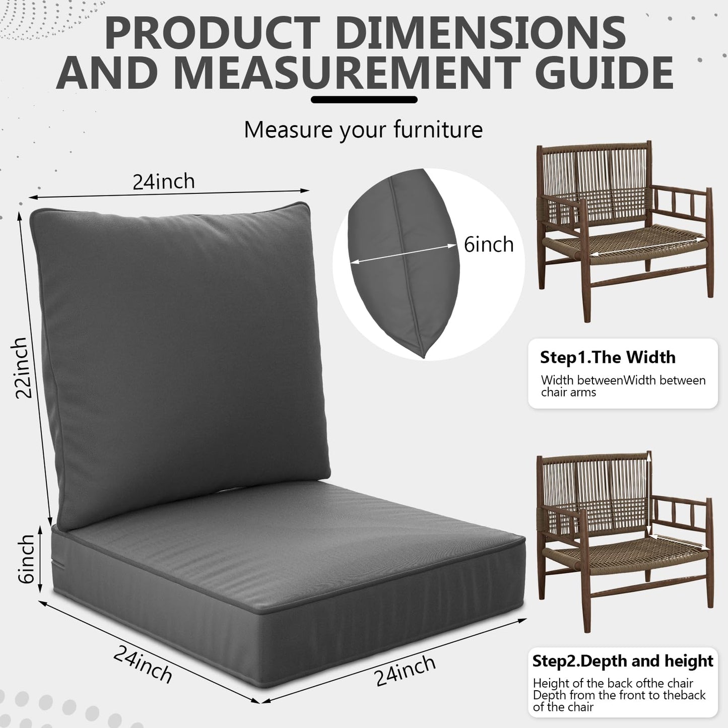 24" x 24" x 6" Outdoor Deep Seat Cushions Set - 4 Set Waterproof & Fade Resistant Patio Furniture Replacement Cushions, Non-Slip Outdoor Cushions Fit Loveseats, Couches, Chairs, and Sofas.