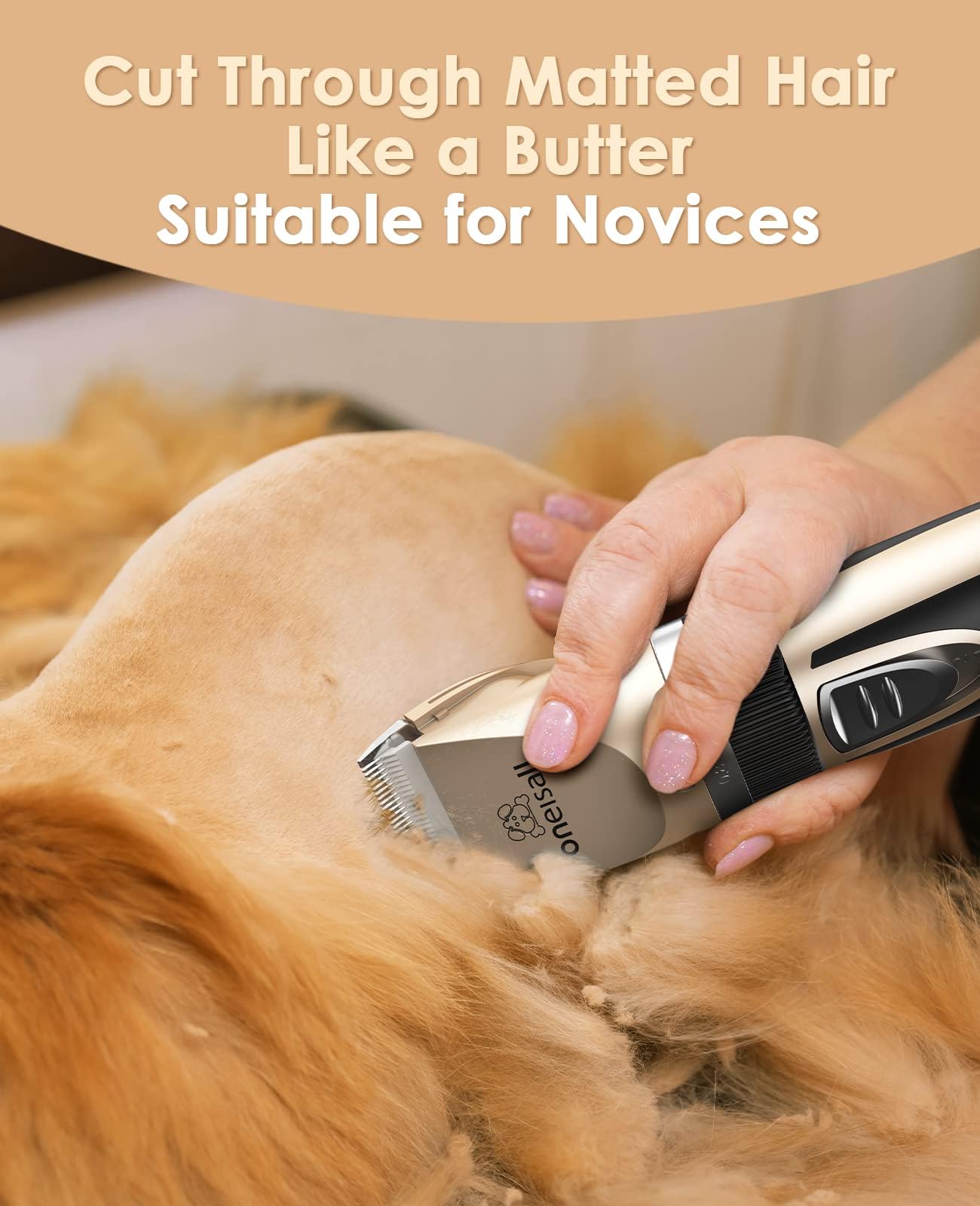 oneisall Quiet Cat Clippers for Matted Hair, 2-Speed Cordless Cat Grooming Kit Low Noise Pet Clipper Shaver for Dogs Cats Animals (Gold)