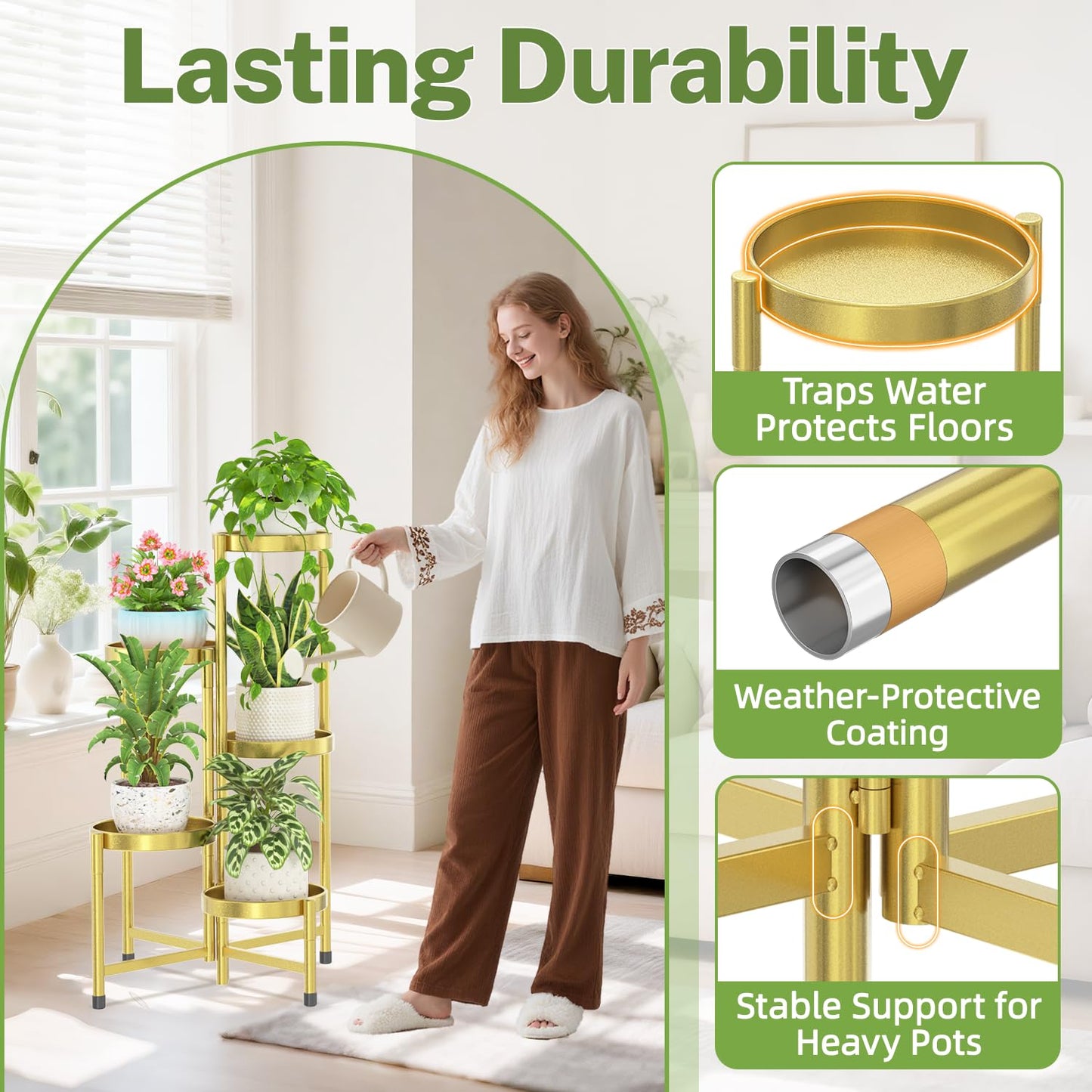iDavosic.ly Plant Stand Indoor Outdoor, 5 Tier Corner Metal Flower Display Holder Shelf, Folding Tall Orchid Rack for Patio Balcony Porch Garden Living Room House, Gold