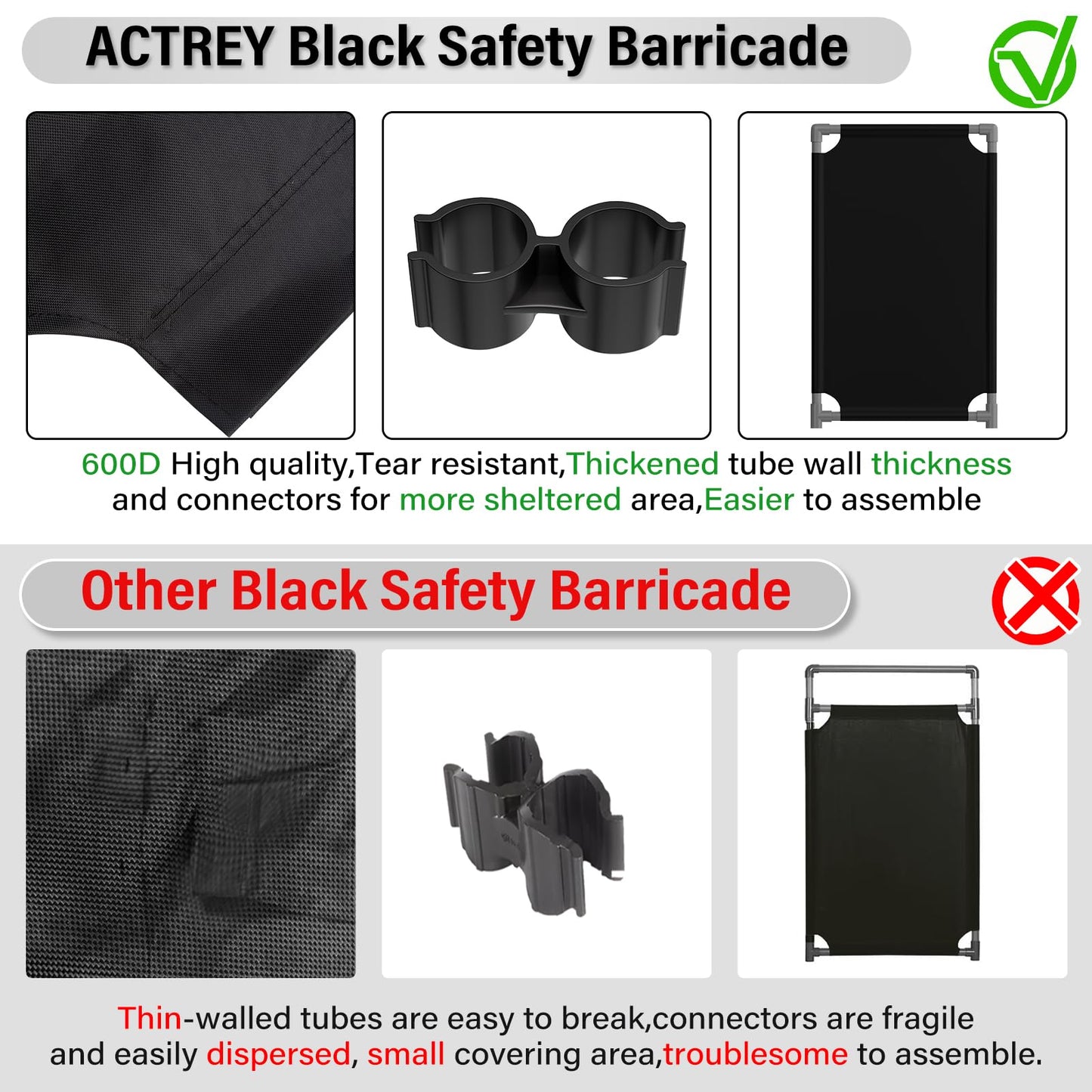 4 Panels Safety Barricade,7.8FT Removable Foldable Security Gates Barrier with Heavy Duty PVC Frame, Black Color Easier to Identify, Crowd Control Restricted Area Pedestrian Barricade Traffic Fence