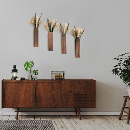 Wall Vase Set of 4 – Wooden Hanging Vases with Pampas Grass & Eucalyptus Dried Flowers – Modern Farmhouse Home Decor for Living Room, Entryway, Bathroom, Hallway & Dining Room