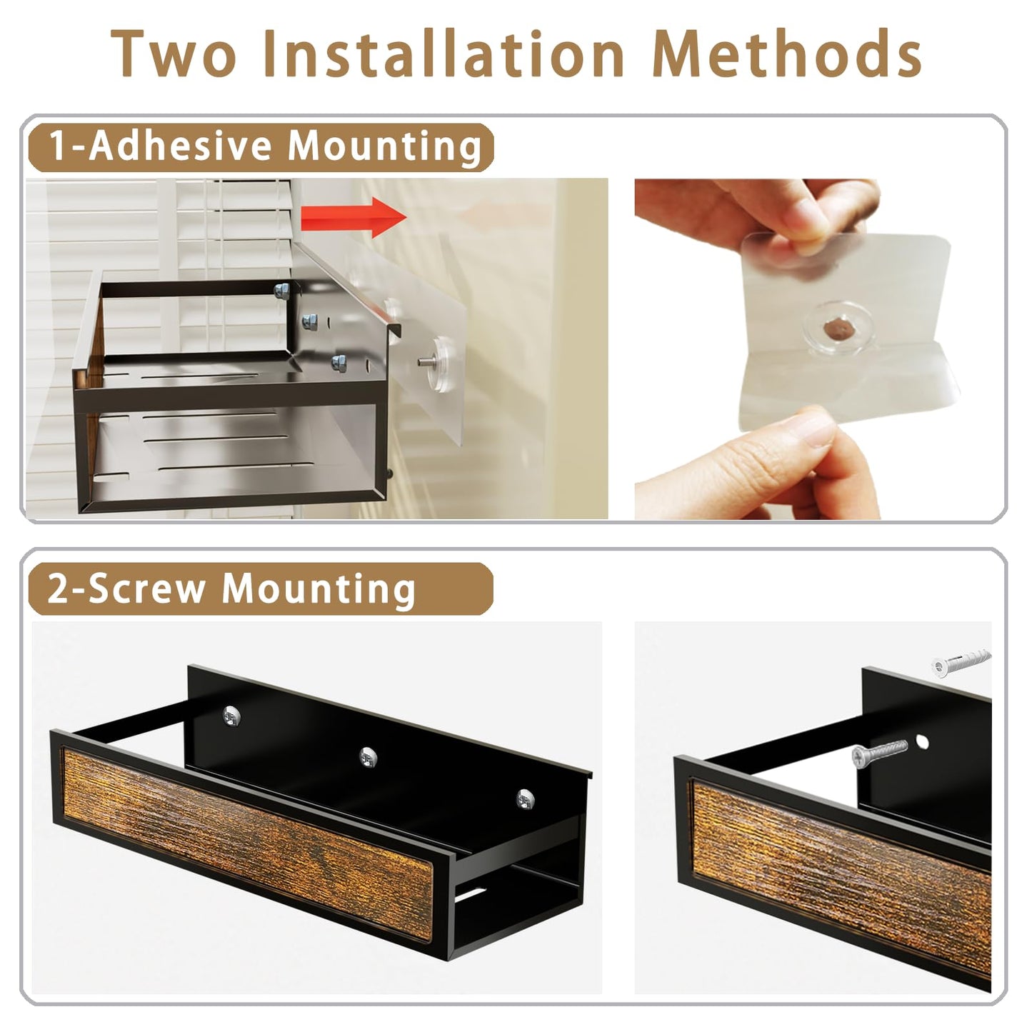 ROURANB Spice Rack Wall Mount for Large Spice Jars, 6 Pack Ironwood Spice Organizer shelf for Rustic, Industrial and Modern Kitchens,Quick Adhesive Strips and Screws for Mounting (Engineered Wood)