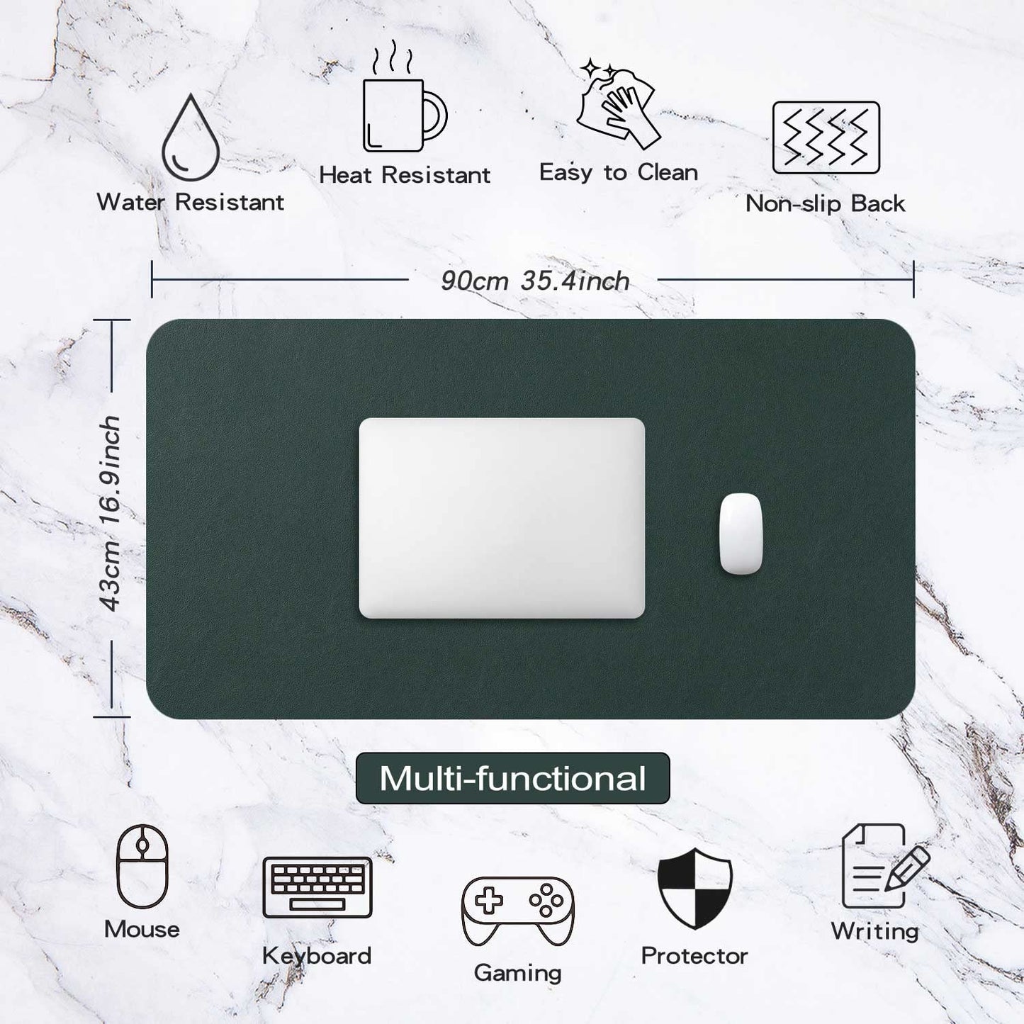 DOBAOJIA Extended Mouse Pad Mat XXL Desk Pad Large Desk Mat 35.4" X 16.9" Desk Blotter Writing Pad for Laptop/Office/Home, PU Leather Waterproof +Suede Non-Slip 90 x 43cm (Dark Green)