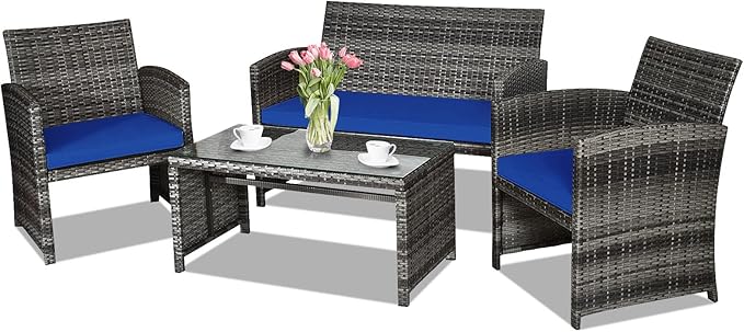 Goplus 4-Piece Rattan Patio Furniture Set, Outdoor Wicker Conversation Sofa
