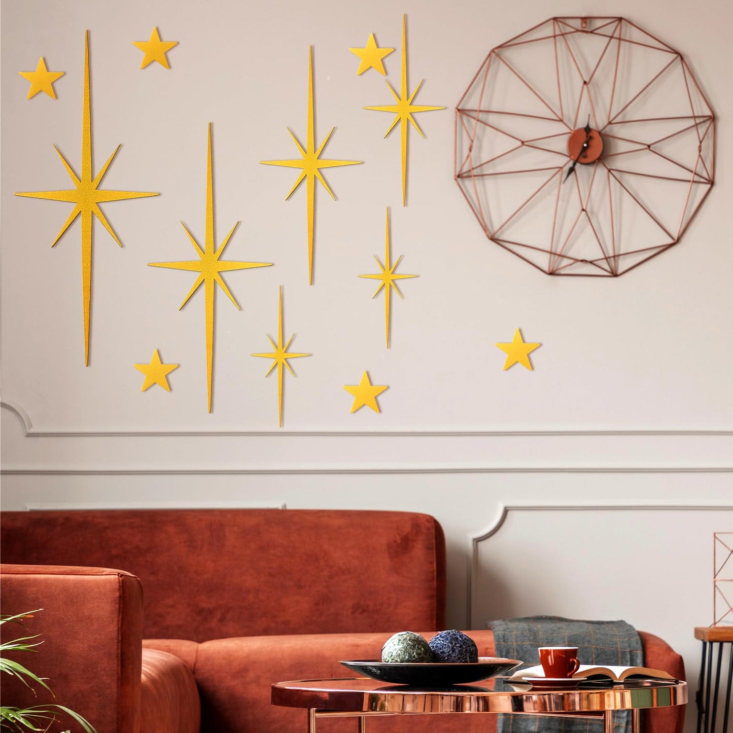 Tandefio 12 Pcs Cast Iron Starburst Wall Decor 8 Pointed Atomic Stars Wall Hangings Mid Century Modern Elegance Accents Easy Install Metal Finish for Home Office Room