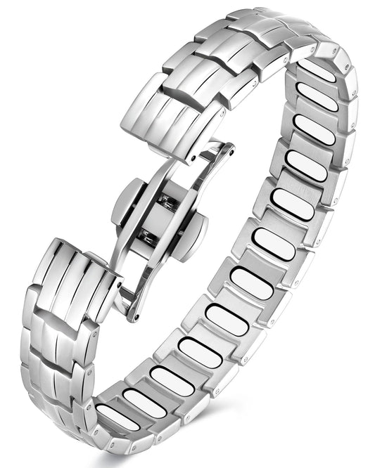 Feraco Magnetic Therapy Bracelet for Men,Titanium Steel Bracelet with 5X Strength Magnets,Premium Fold-Over Clasp (Silver)