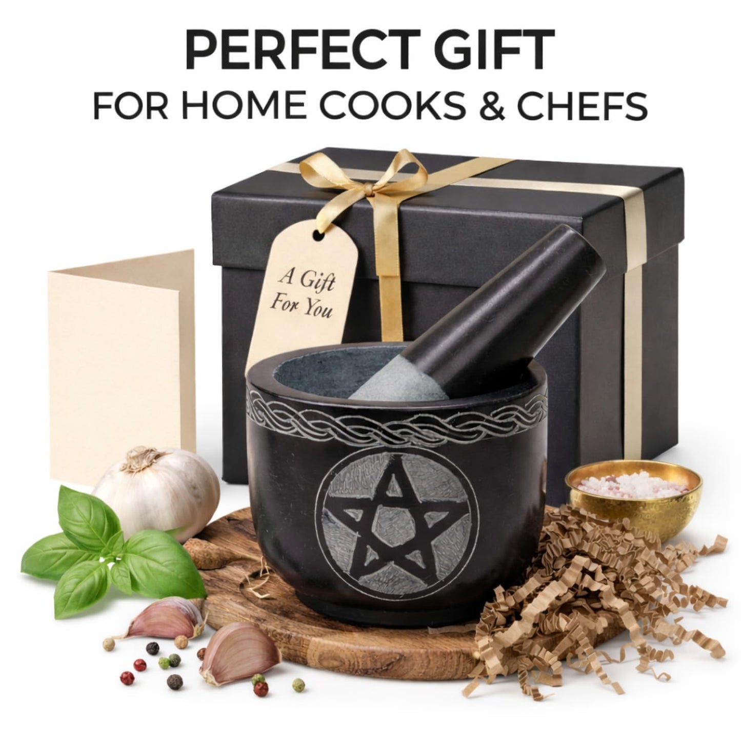 KC KULLICRAFT Mortar and Pestle Set Unique - Black Pestle and Mortar Bowl Solid Stone Grinder for Herbs Spice Guacamole Garlic Ginger Root