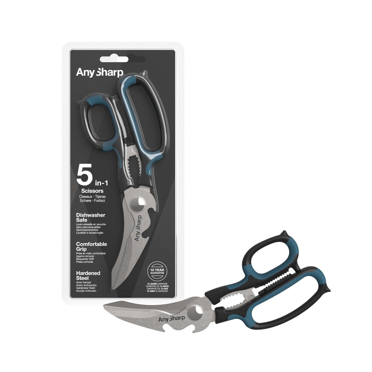 AnySharp 5-in-1 Multi-Function Kitchen Shears - Kitchen Scissors Heavy Duty with Hardened Steel Blades - Cut Chicken Bones and Thick Fabrics - Grip for Both Left and Right Handed - Dishwasher Safe