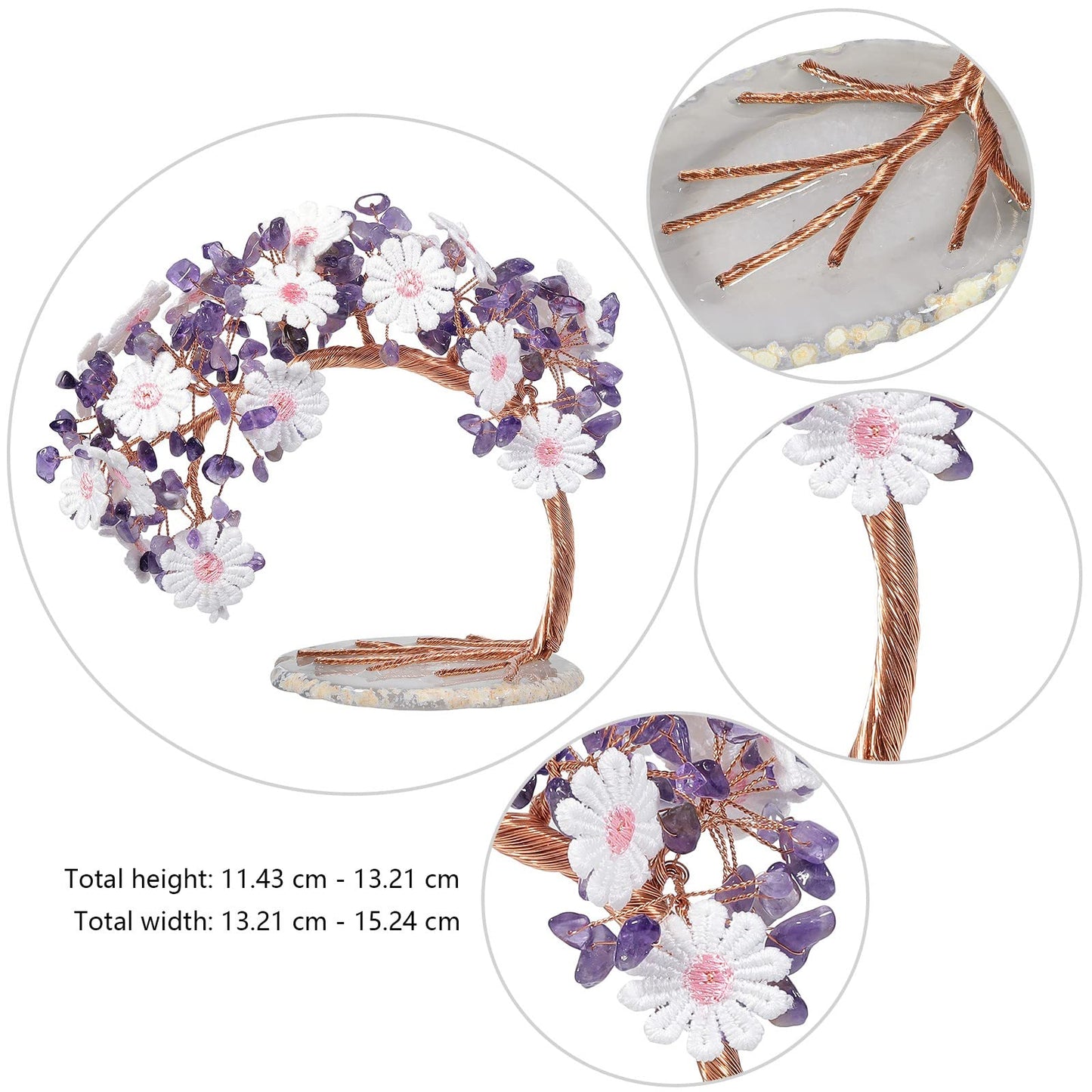 Nupuyai Amethyst Crystal Copper Money Tree Desktop Decor with Agate Base Handmade Lace Flower Wealth Crystal Tree Bonsai for Fengshui Good Luck