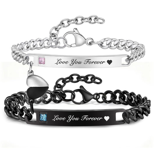 MEALGUET Matching Couple Bracelets for Men Women : Love You Forever Engraved Cuban Link Chain Bracelets Set Jewelry for Boyfriend Girlfriend Husband Wife, Romantic Gifts for Valentines Anniversary