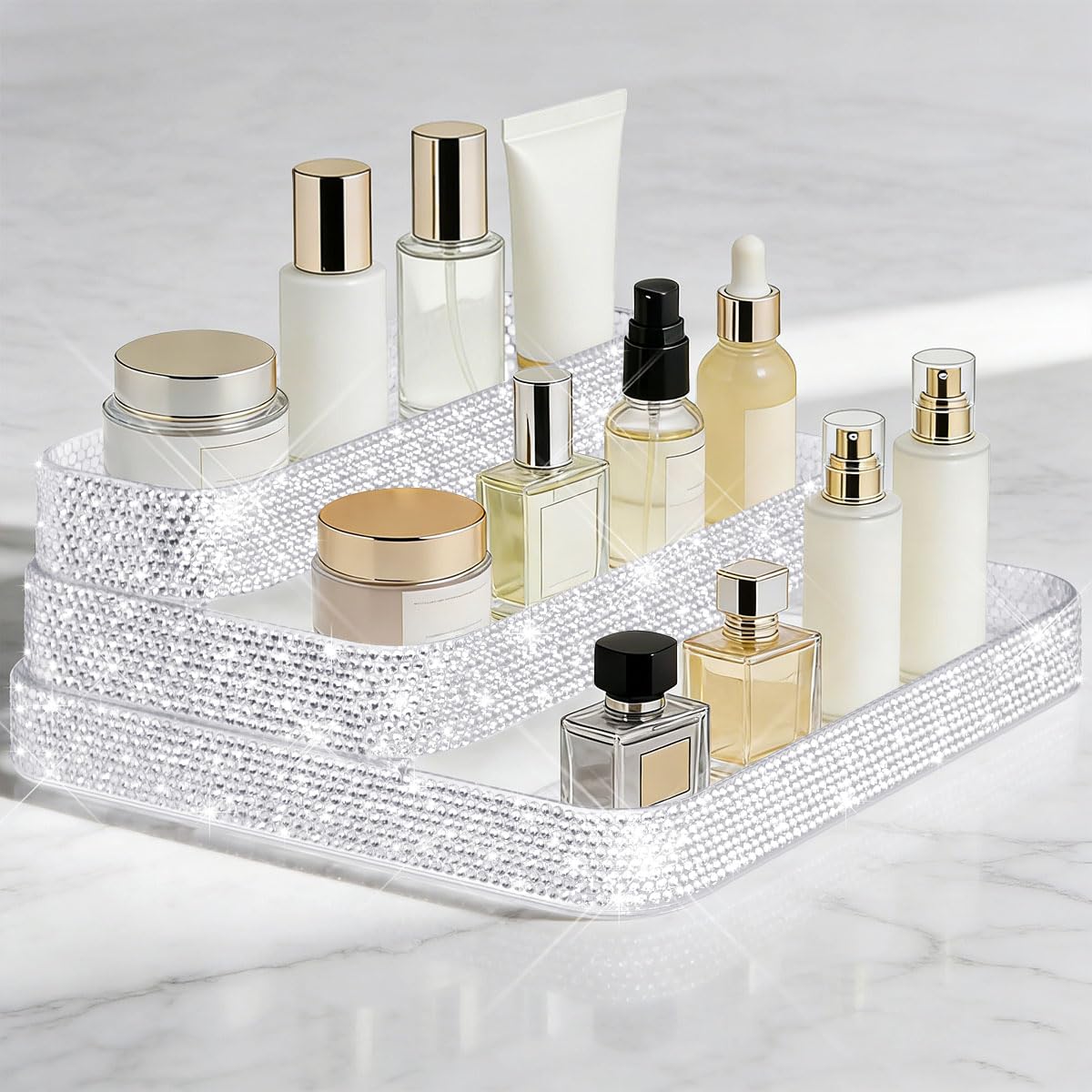 Mifoneix Bling Perfume Organizer Three-Tiered Shelf, Sparkle Perfume Lotion Skincare Stand, Shiny Spice Vitamins Bottles Holder, Glitter Sturdy Rack for Bathroom Countertop Cabinet Storage