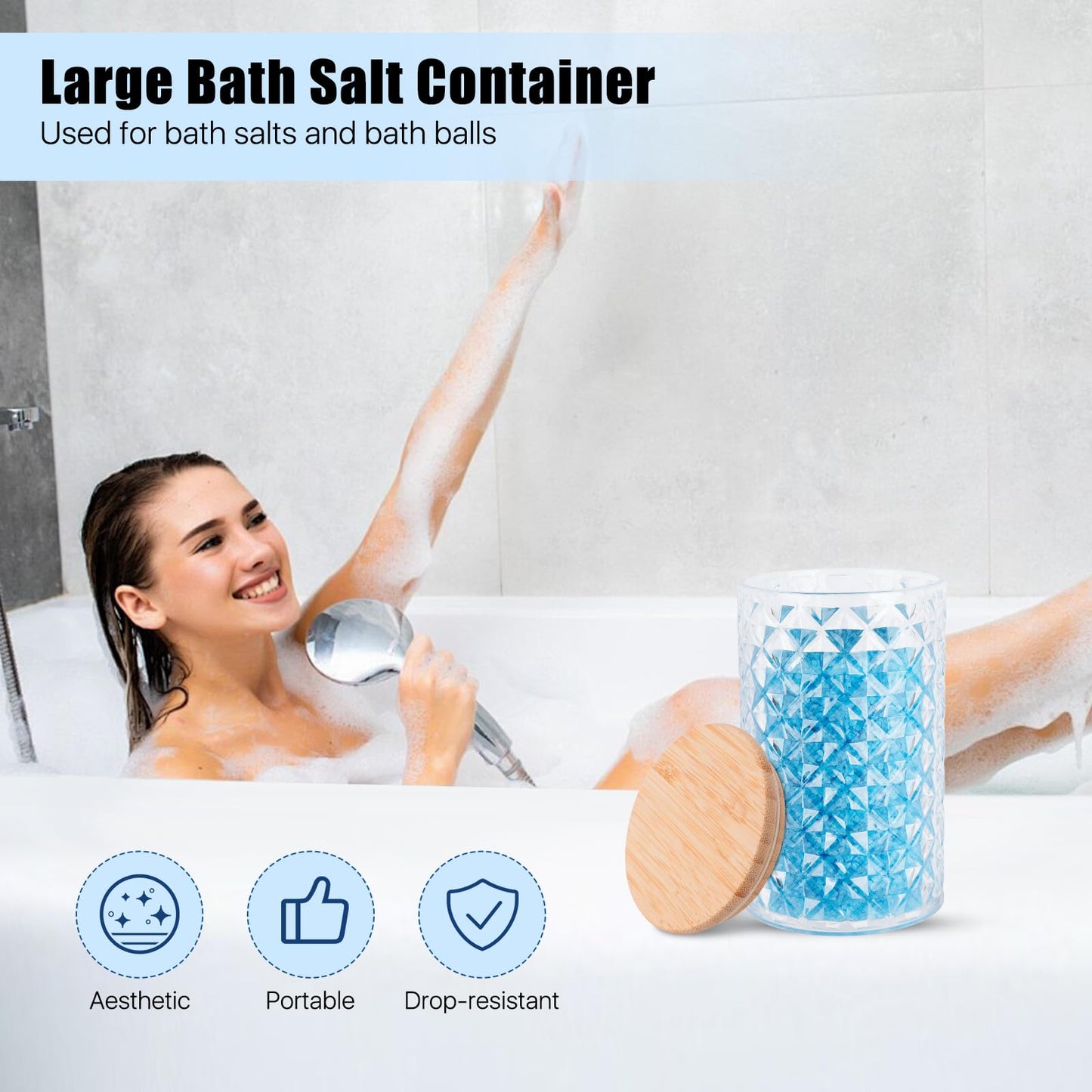 Akamino 1200ML/42OZ Acrylic Bath Salt Jar with Wooden Scoop, Clear Bath Salt Container with Sealing Lid, Large Storage Canisters for Bathroom Bath Decor, Kitchen Sugar Tea Spices