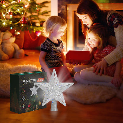 Winpull Christmas Tree Topper Lighted with 6 Pattern Projection Modes, Christmas Star Tree Topper Built-in LED Rotating Lights, Silver 3D Glitter Dynamic Projector for Christmas Decorations
