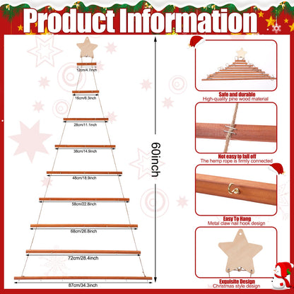 60 Inch Wall Hanging Mounted Christmas Trees Wood Ladder Tree Wall Hanging Christmas Decor with 19.6ft Christmas Metallic Tinsel Twist with LED Lights Metal Hooks for Rustic Holiday Party Supply