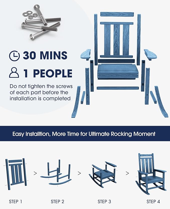 KINGYES Oversized Outdoor Rocking Chair, All-Weather Patio Rocking Chairs for Porch, HDPE Outdoor Patio Rockers with High Back & Wide Seat for Garden, Lawn, Blue