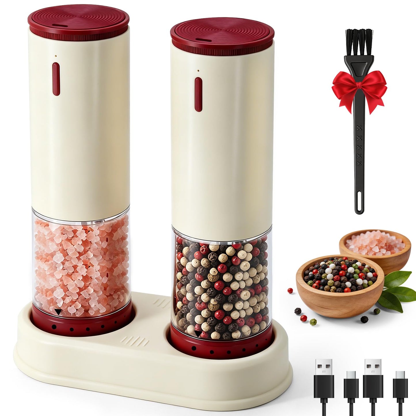 Electric Salt and Pepper Grinder Set Automatic Rechargeable Salt and Pepper Shakers Kitchen Appliances with Storage Base External Adjustable Coarseness & Upgraded Large Capacity for Mom Gifts-2 PCS
