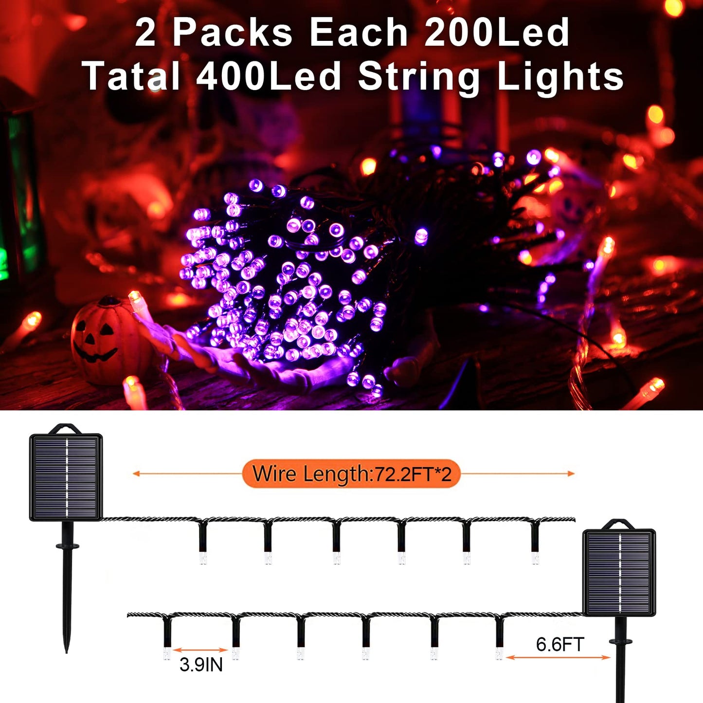 Solar String Lights for Outside, Purple Halloween Lights Outdoor Waterproof 2Pack Total 144ft 400 LED 8 Modes with Timer, IP44 Twinkle Lights for Party, Patio, Garden, Decor