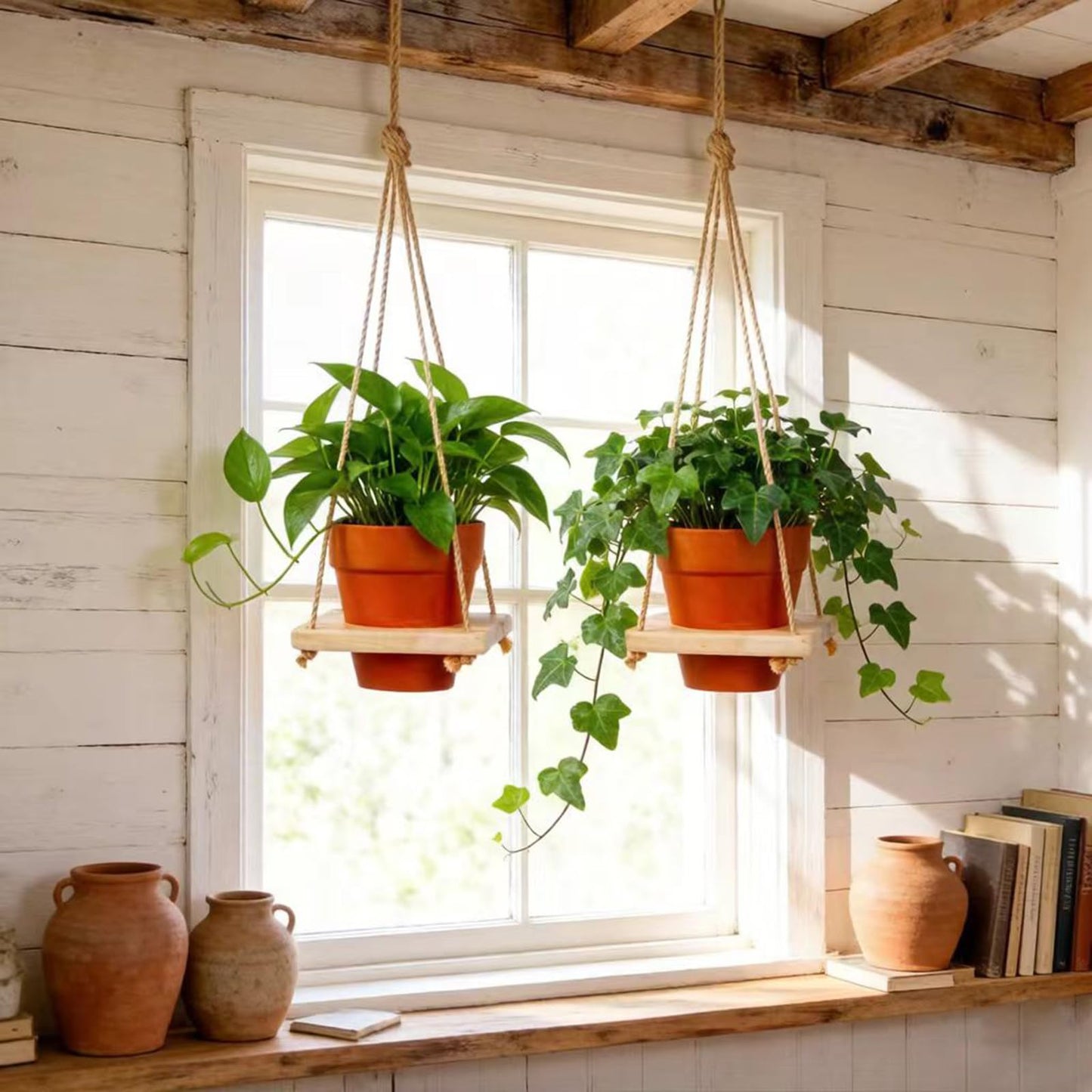 2 Pack Adjustable Hanging Plant Hanger, Hanging Planter Shelves for Indoor Plants, Hanging Flower Pots Holder, Wood Wall Hanging Planter Hanger for Window Ceiling Porch Deck Patio(Pots not Includ)